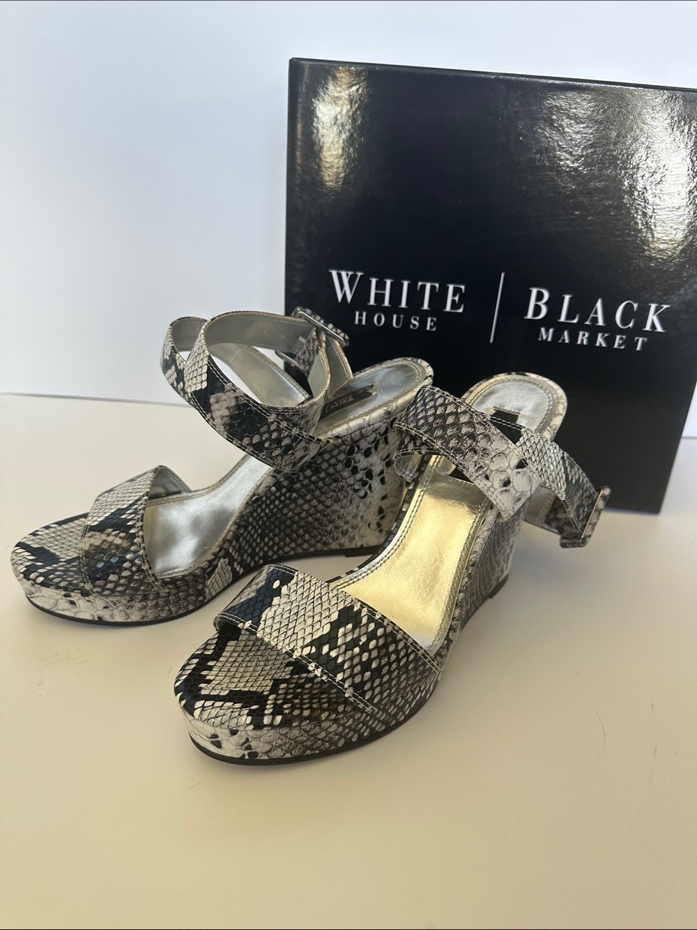 White House Black Market Snake-Print Wedge Sandals in Black & White
